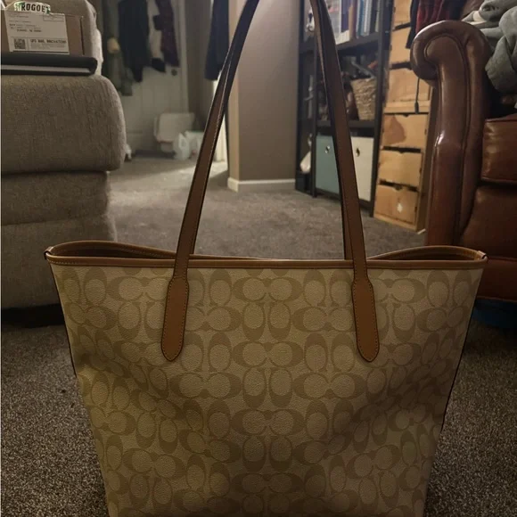 Coach Tan Monogram City Tote Bag with Leather Trim - Picture 3 of 14